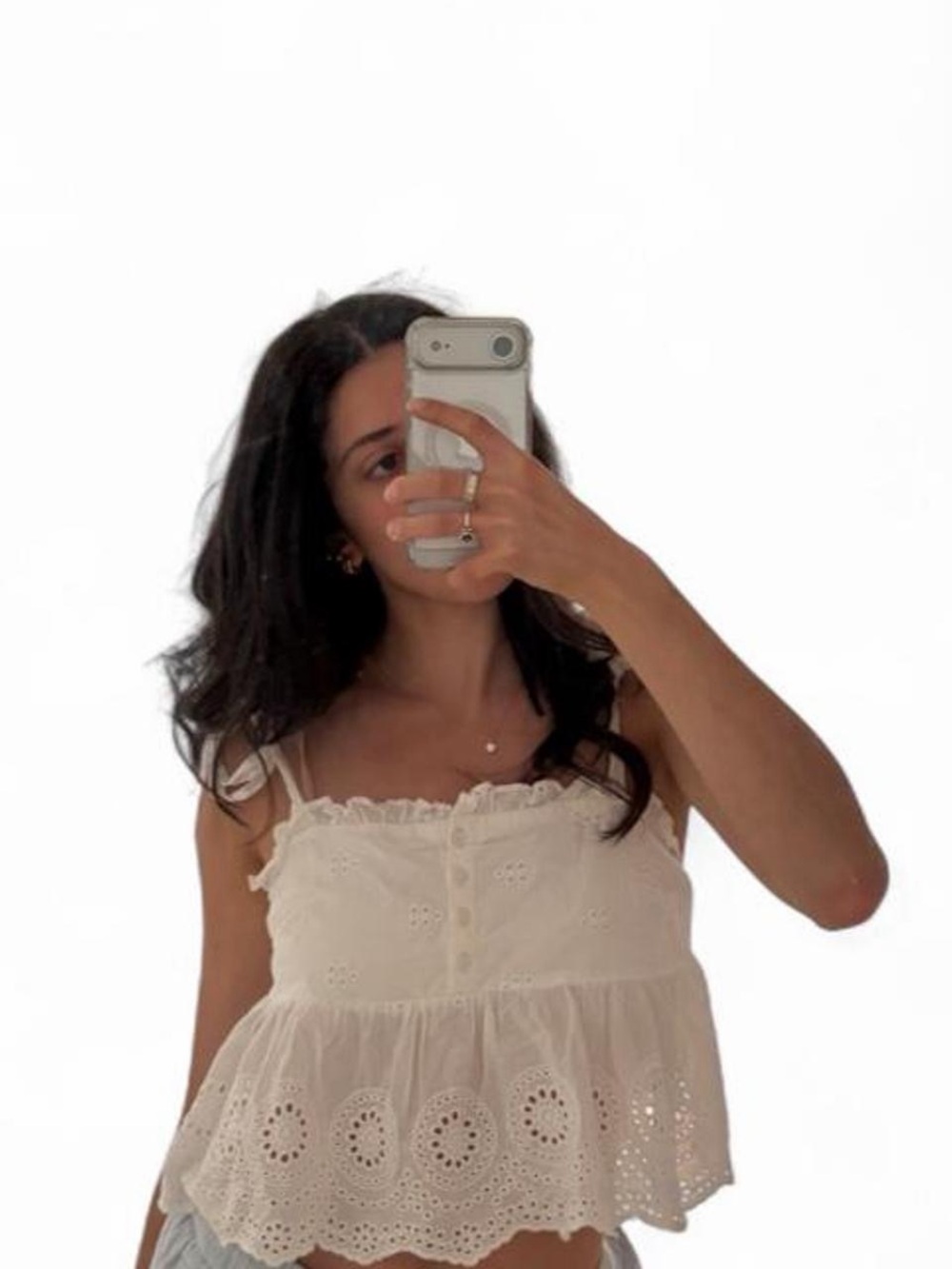 Women's Cream Eyelet Ruffle Tank Top - Sleeveless Summer Blouse